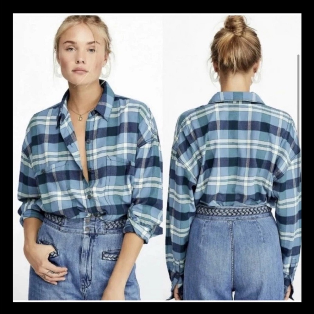 Free People Loveland Winter Sea Blue Plaid Button Down Top Size XS